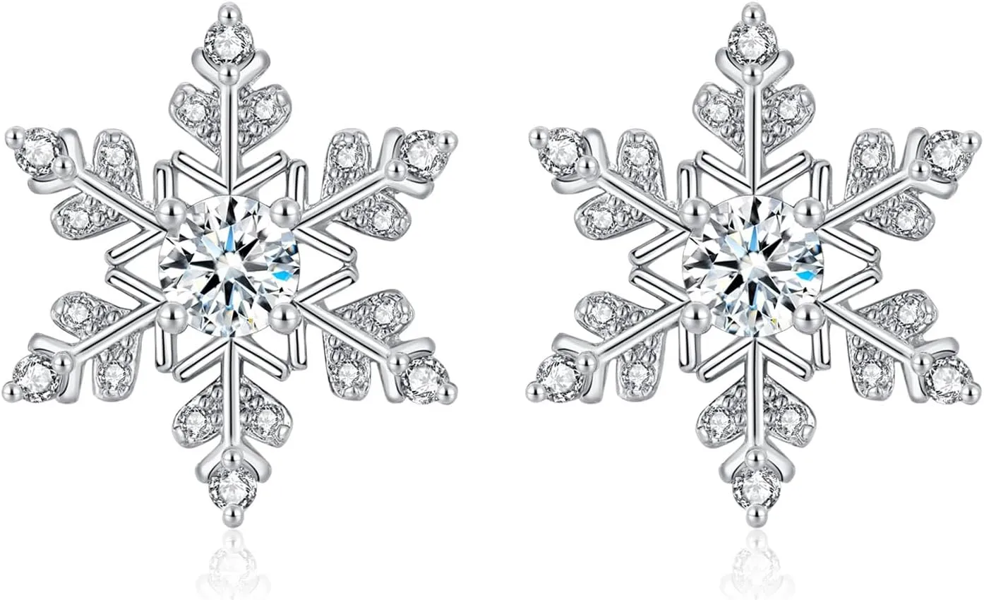 ZRU 925 Sterling Silver Pearl Snowflake Stud Earrings for Women Christmas, Silver Pearl Snowflake Winter Studs Xmas Sparkly White CZ Pearl Jewelry Christmas Earrings Gifts for Her Mum Daughter